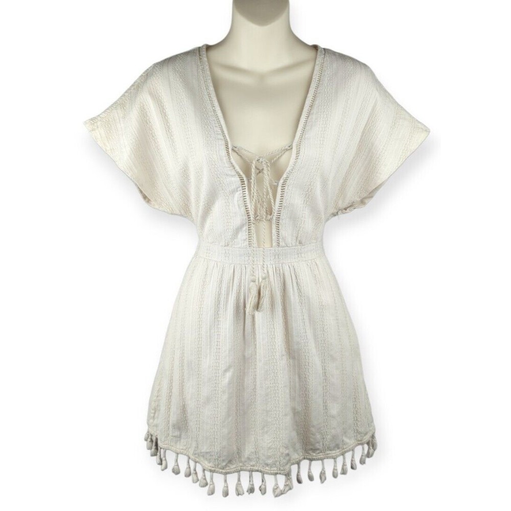 Ale by Alessandra Bruna Mini Dress Beige Boho Pom Pom Tassel Beach Revolve XS